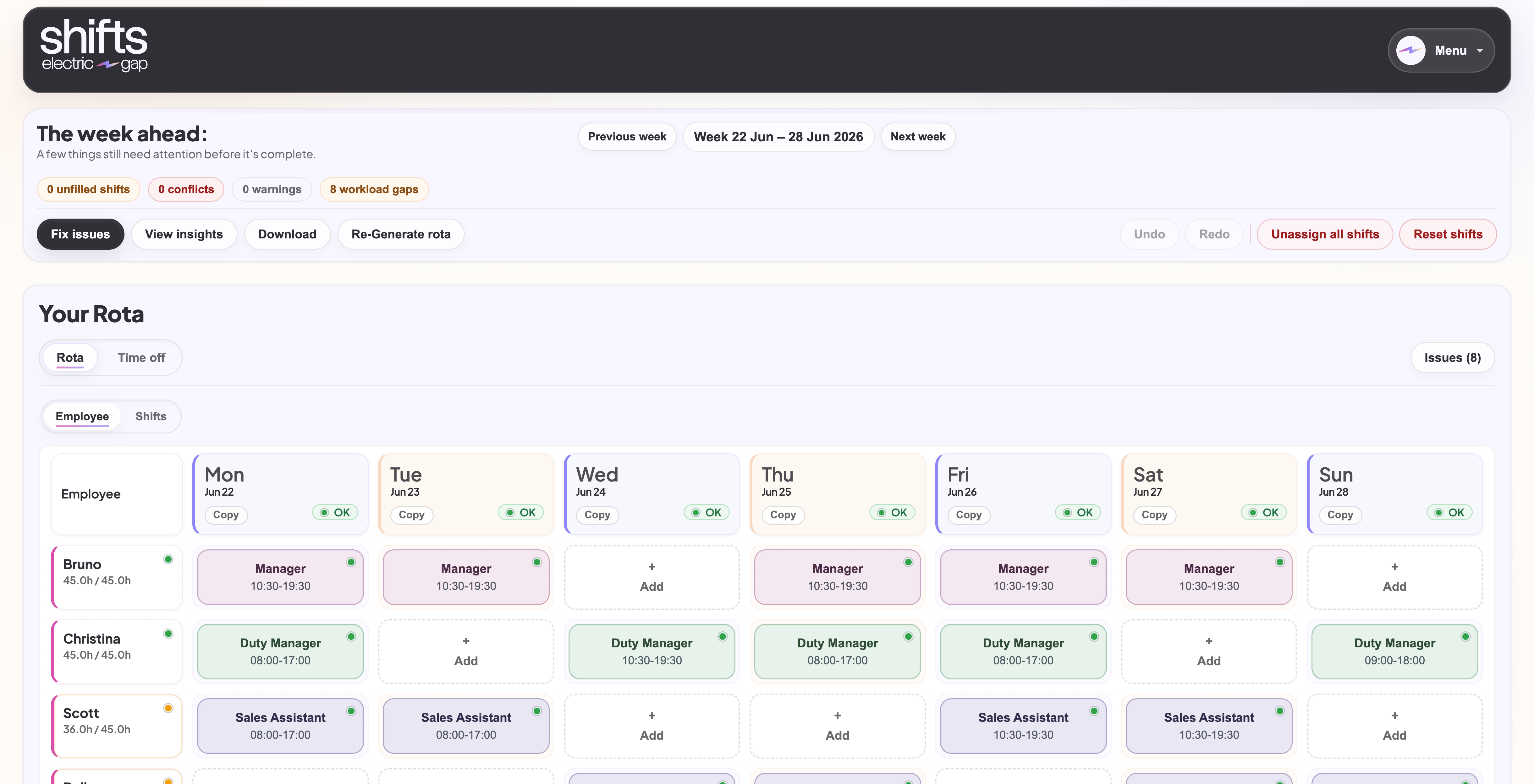 Shifts by Electric Gap rota planner interface showing a weekly rota