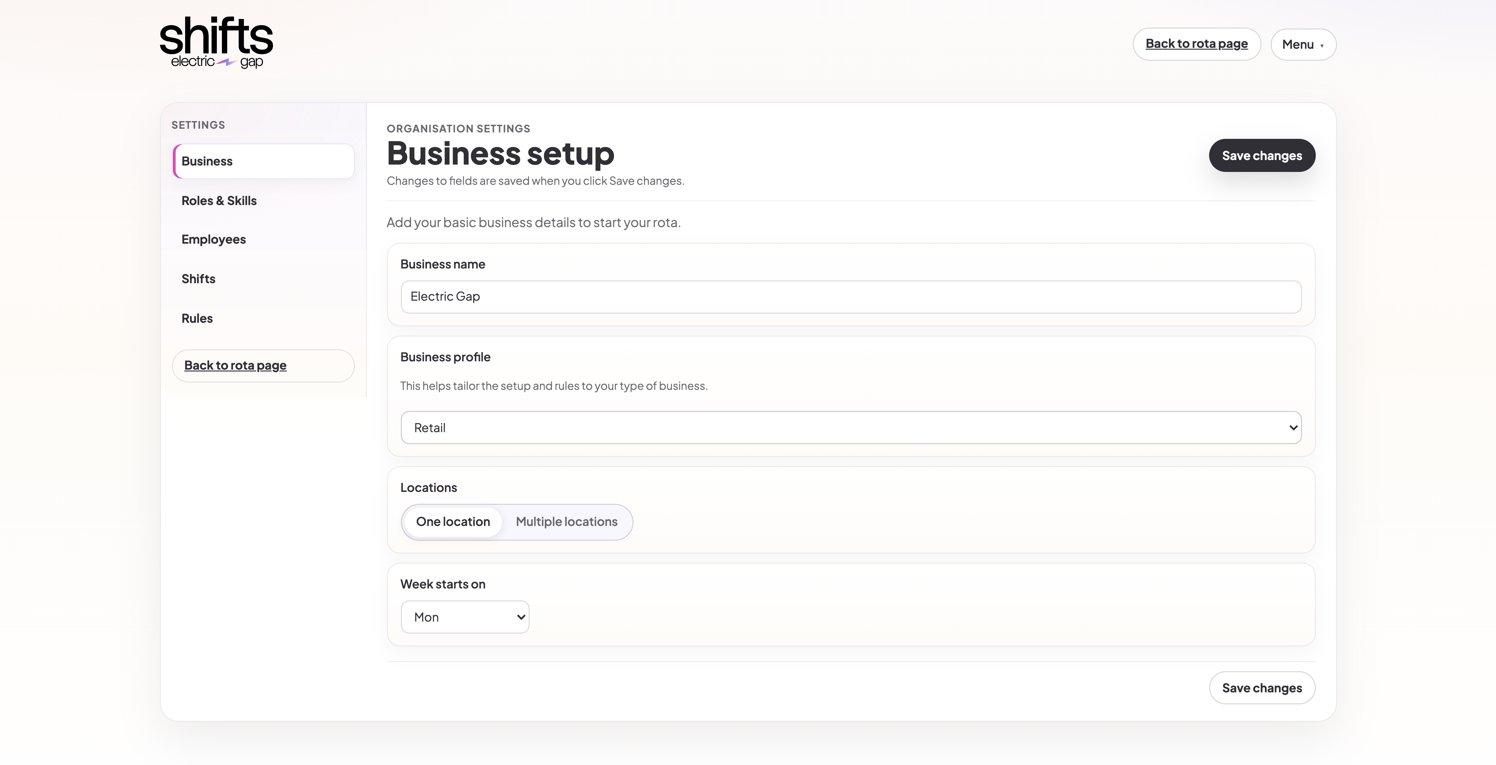 Business setup screen showing team and rules configuration