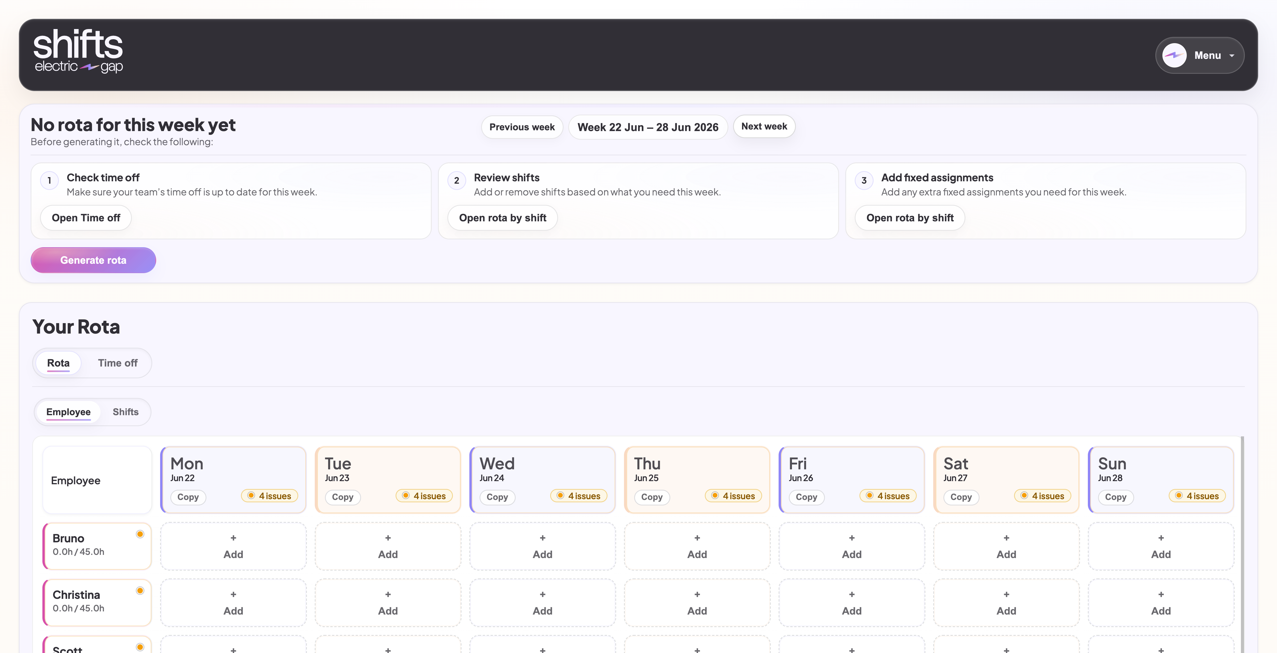 Rota generation screen showing the Generate rota button and empty schedule
