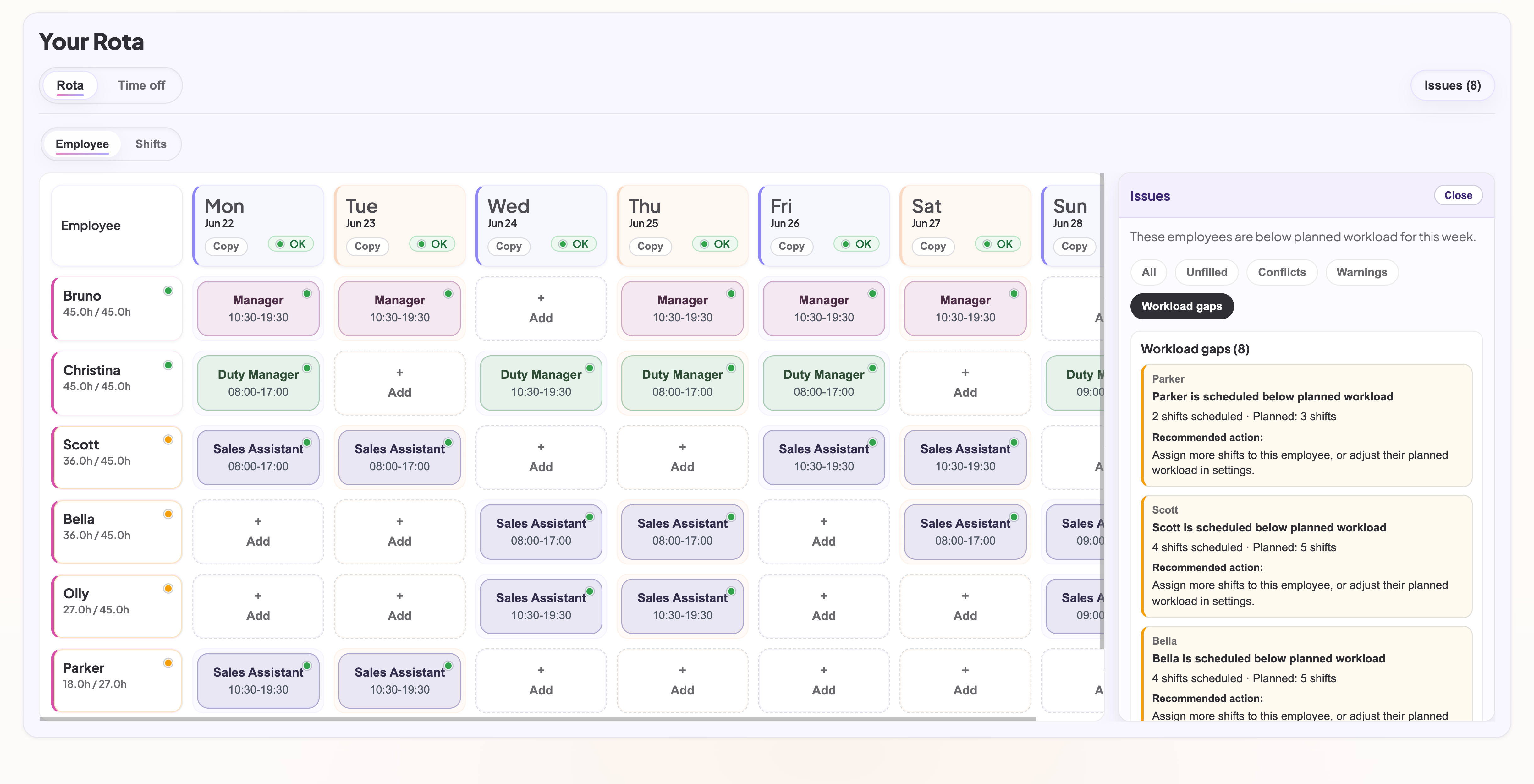 Completed rota with shifts assigned and issues panel for review